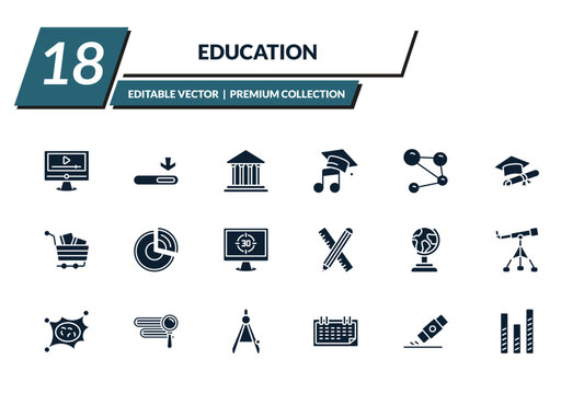 filled education icons set - educational video, window scrolling medium, bank, graduation's music. editable vector for web and mobile ui