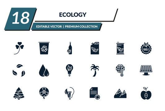 filled ecology icons set - shamrock, recycle bin, recycled bottle, biofuel. editable vector for web and mobile ui