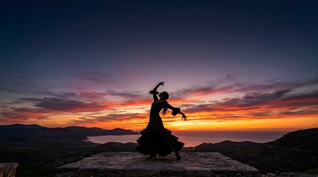 Flamenco dancer silhouette performing at sunset on a mountain cliff