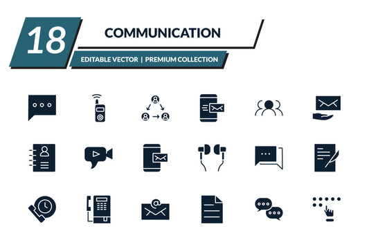 filled communication icons set - chat bubble, transmitter, people connection, mobile with envelope. editable vector for web and mobile ui