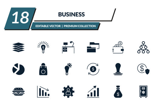 filled business icons set - stack, round light bulb, work table, two folders. editable vector for web and mobile ui