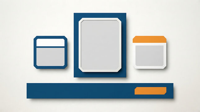 Three rectangular frames with blue and orange borders on a plain light gray studio