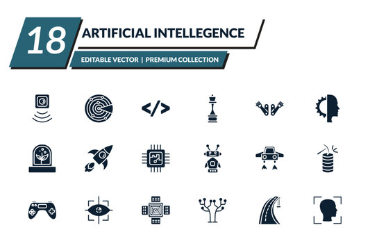 filled artificial intellegence icons set - motion sensor, detection, code, chess. editable vector for web and mobile ui
