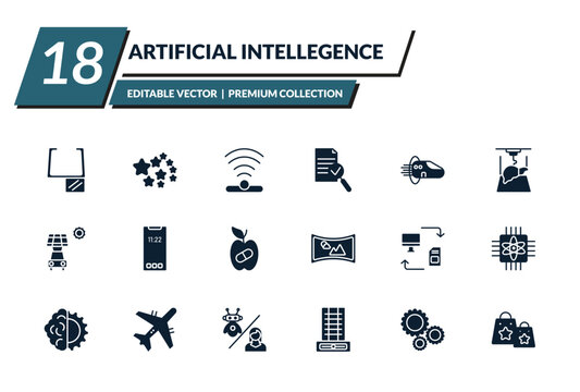 filled artificial intellegence icons set - ar monocle, outer space, infrared, evaluation. editable vector for web and mobile ui