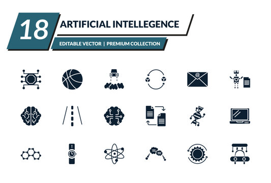 filled artificial intellegence icons set - unsupervised learning, ball, hover transport, replacement. editable vector for web and mobile ui