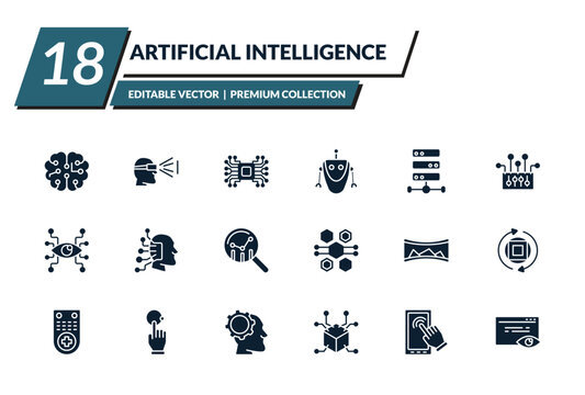 filled artificial intelligence icons set - intelligence, view, artificial intelligence, robot. editable vector for web and mobile ui