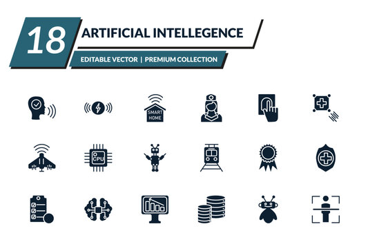 filled artificial intellegence icons set - voice recognition, wireless charging, smart home, nurse. editable vector for web and mobile ui
