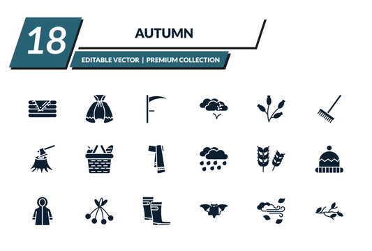 filled autumn icons set - blanket, cloak, scythe, bird migration. editable vector for web and mobile ui
