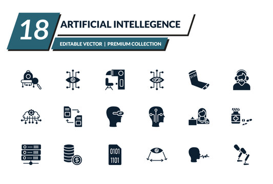 filled artificial intellegence icons set - microbots, bionic eye, sensorama, smart lens. editable vector for web and mobile ui