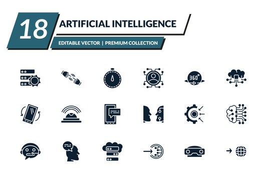 filled artificial intelligence icons set - efficiency, finger control, velocity, users. editable vector for web and mobile ui