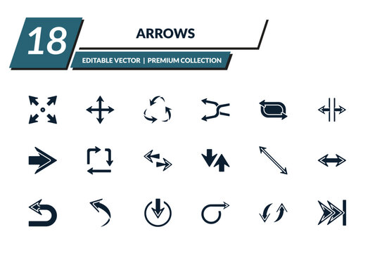 filled arrows icons set - expand, drag, three curved arrows, shuffle arrows. editable vector for web and mobile ui