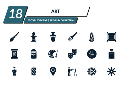 filled art icons set - painting brush, sculpture bust, ceramic vase, paint brushes. editable vector for web and mobile ui
