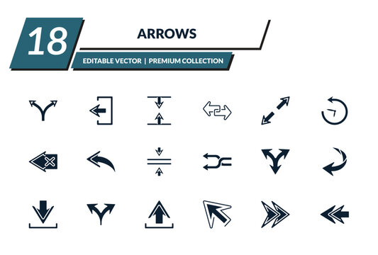 filled arrows icons set - divide, exit top right, vertical resize, transfer. editable vector for web and mobile ui
