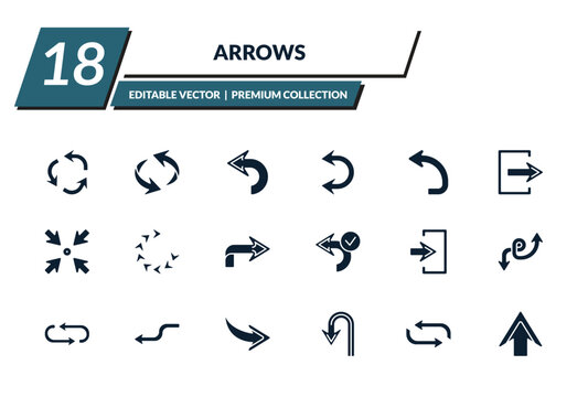 filled arrows icons set - repeat, undo arrow, backward arrow, double curve arrow. editable vector for web and mobile ui