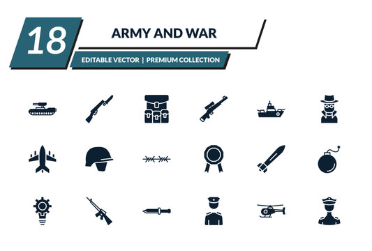filled army and war icons set - tank, bayonet on rifle, army backpack, sniper rifle. editable vector for web and mobile ui