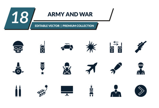 filled army and war icons set - skull army, walkie talkie, army car, explosive. editable vector for web and mobile ui