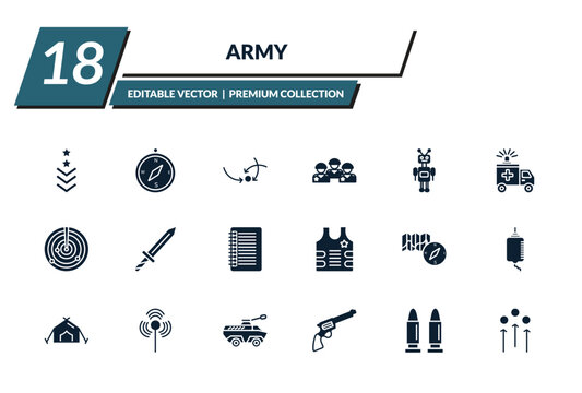 filled army icons set - military, compass, military strategy, militar. editable vector for web and mobile ui