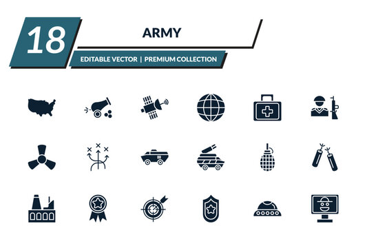 filled army icons set - us map, cannon, satellite, planet grid circular. editable vector for web and mobile ui