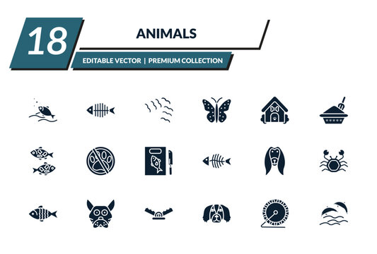filled animals icons set - fishes in the ocean, fish bone, flock of birds, japanese butterfly. editable vector for web and mobile ui