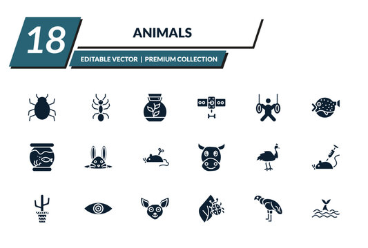filled animals icons set - app bug, ant, terrarium, leash. editable vector for web and mobile ui