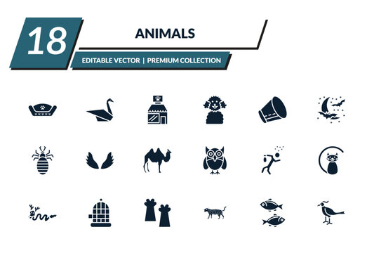 filled animals icons set - pet bed, origami swan, pet shop, poodle. editable vector for web and mobile ui