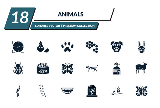 filled animals icons set - hunted, baby chicken, paw, bee hive. editable vector for web and mobile ui