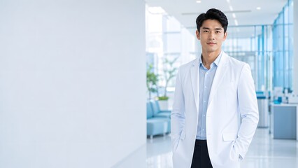 Fototapeta premium Portrait of a handsome young Asian doctor standing in a modern white hospital corridor with hands in pockets.