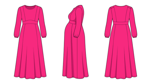 Maternity maxi dress with front side and back views maternity apparel mockup template vector illustration