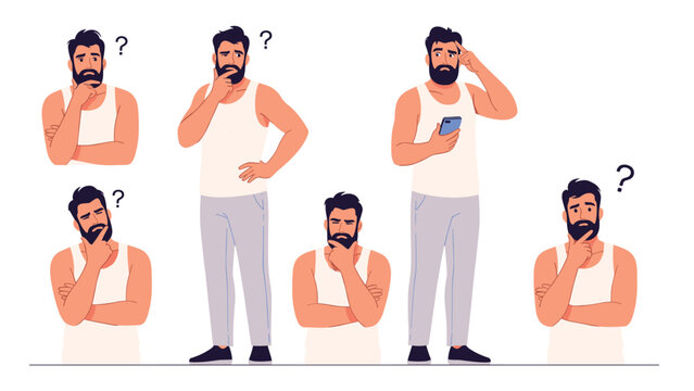 Bearded man in a white tank top posing in various thoughtful and confused expressions with question marks.