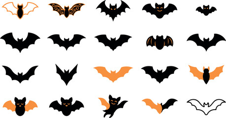 Fototapeta premium Set of hand drawn halloween bat illustrations in black and orange ink style isolated on white background