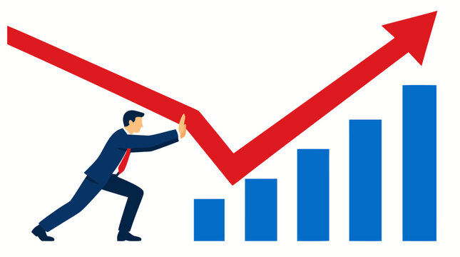 A dedicated businessman pushes upward to reverse a red declining financial arrow into a powerful rising growth trend above a blue bar chart, symbolizing corporate recovery, success, and strategic