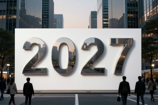 A large reflective metallic sign with polished numerals reading "2027" stands tall in a bustling city plaza at dusk.