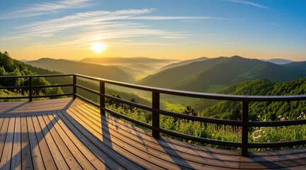 Fototapeta premium Wooden viewpoint overlooks green misty valleys at sunrise. Sun rises over layered mountains, casting long shadows on deck. Peaceful morning nature scene.