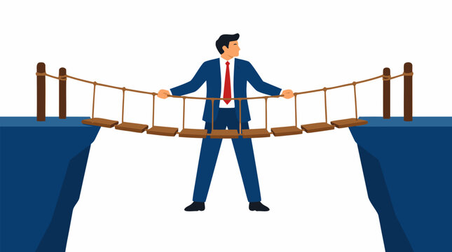 Confident businessman in blue suit holding rope bridge spanning across deep chasm gap between two platforms, bold flat design illustration symbolizing leadership and risk management