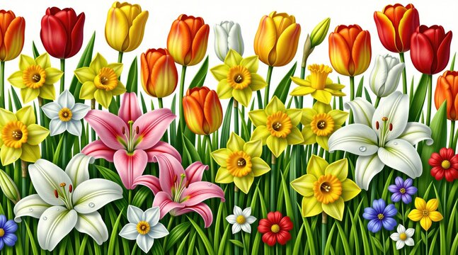Border of various spring flowers including tulips daffodils and lilies in green grass. Bright colourful floral arrangement with dew drops. Pure natural beauty for spring holidays.