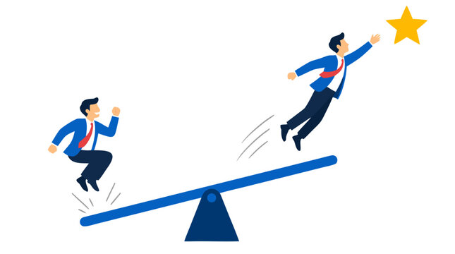 Vector illustration of a businessman jumping on a seesaw to launch his colleague into the air to reach a golden star target, representing teamwork, ambition, business success, and career growth.