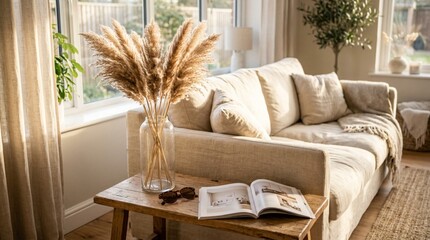 Fototapeta premium Cozy Scandinavian Living Room Interior with Dried Pampas Grass in Clear Glass Vase on Rustic Wooden Table, Open Design Magazine, Sunglasses, Beige Linen Sofa, Sunlight, Warm Home Decor Ambiance