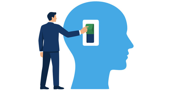 A businessman in a blue suit flips an on-off switch embedded in a large blue human head silhouette, representing psychology, mental health, cognitive control, focus, emotional intelligence, concept.
