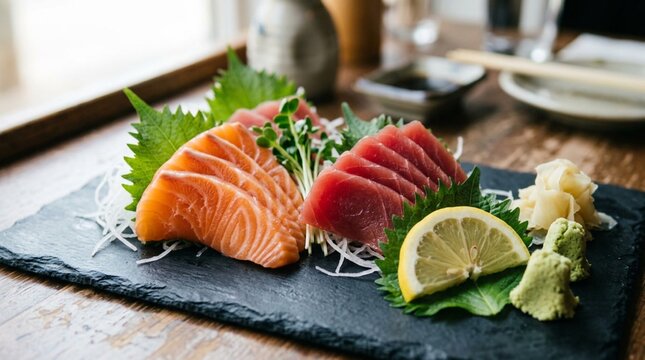 Exquisite raw salmon and tuna sashimi platter, artfully arranged on dark slate with vibrant garnishes, lemon slice, and wasabi, perfect for gourmet dining.