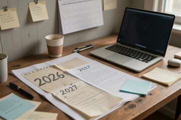 Obraz premium A wooden desk setup with printed calendars for planning and organization in a modern office environment.