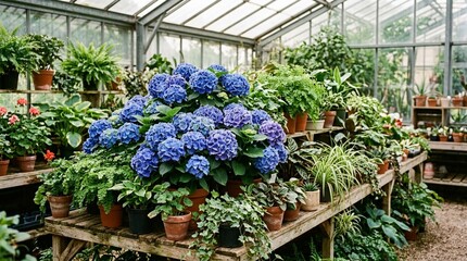 Obraz premium Lush Greenhouse Display of Vibrant Blue Hydrangea Flowers in Full Bloom Surrounded by Abundant Potted Plants, Ferns and Tropical Foliage on Rustic Wooden Shelves Under Glass Roof Structure