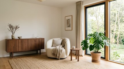 Minimalist Scandinavian Living Room with Curved Cream Bouclé Armchair, Walnut Credenza, Jute Rug, and Monstera Plant by Large Window. Cozy Hygge Home Interior Design with Natural Light.