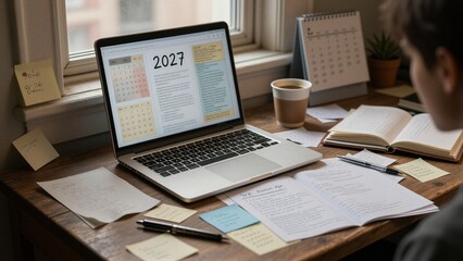 Obraz premium A person in a dark gray shirt is seated at a desk, focused on planning goals for 2027 using their laptop screen.