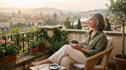 Obraz premium Serene Middle Aged Woman in Relaxed Linen Outfit Enjoying Coffee on Sunlit Terrace with Panoramic City View, Golden Hour Lighting, Wellness Lifestyle, Tranquility and Luxury Travel Concept