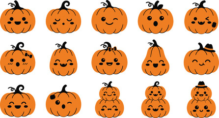 Naklejka premium Cute cartoon halloween pumpkin icons with happy faces and expressions halloween seasonal decoration character celebration expression childish