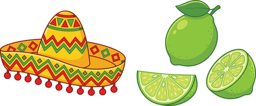 Mexican sombrero hat and fresh green lime vector set for Cinco de Mayo celebration designs