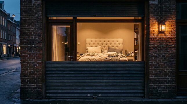 Cozy bedroom interior visible through urban storefront window with half-lowered metal rolling shutter at twilight, revealing tufted headboard and warm lighting against brick facade