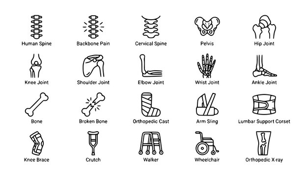 Minimal Orthopedics Outline Icons Vector Set with Spine Bone Joint Cast and Medical Support Symbols