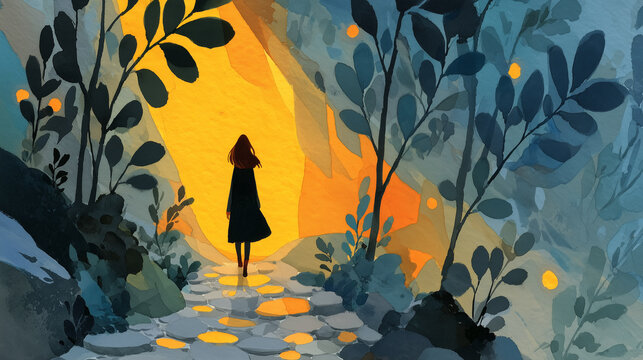 A dreamy watercolor illustration of alone woman standing barefoot on a winding cobblestone path