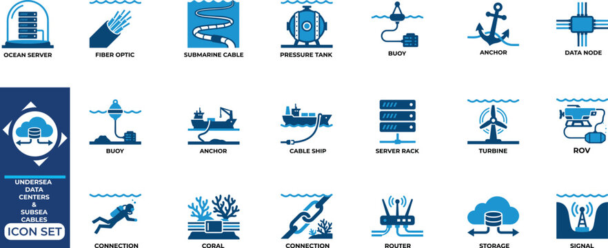 Underwater data centers and subsea cables icon set illustration.